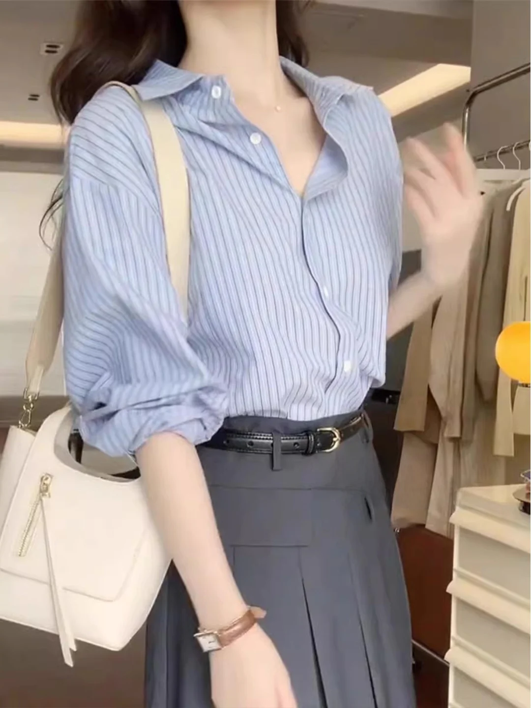 

Spring 2026 Blue Striped Long Sleeve Shirt Jacket Women's Elegant Casual Top French Style Loose Fit Daily Wear Button up