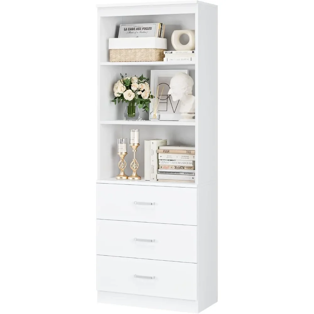 71 Inches Tall Storage Cabinet, Bookcase with 3 Drawers and 3-Tier Open Shelves, Wooden Bookshelf Storage Organizer