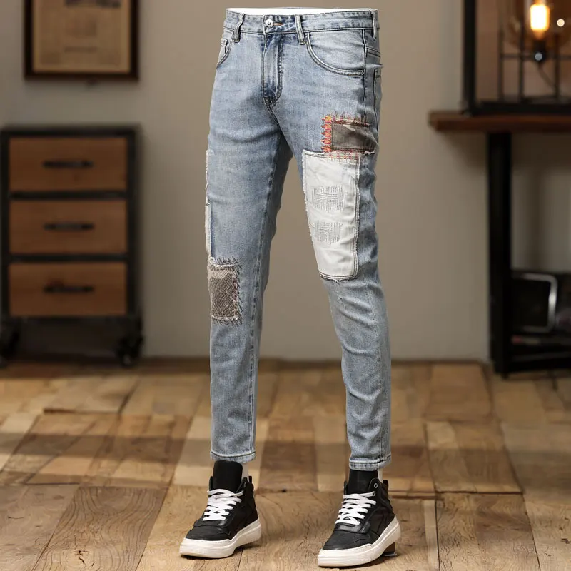 Streetwear Fashion Men Jeans Retro Light Blue Stretch Slim Fit Ripped Jeans Men Patched Designer Elastic Hip Hop Denim Pants