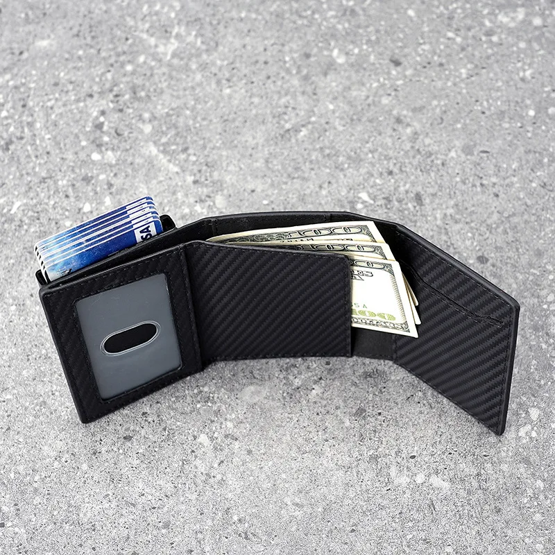 Auto-Pop Aluminum RFID Wallet with AirTag Tracking & Carbon Fiber Design - Slim Secure Card Holder