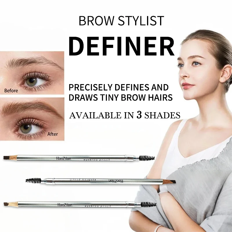 3PCS Silver Tube Double‑Ended Chisel Eyebrow Pencil, Wooden Flat Tip Sharpenable Eyebrow Pencil, Built‑In Spiral Eyebrow Brush, 2‑In‑1 Multifunction, Long‑Lasting Pigment, Create Natural Wild Brows, Professional Eyebrow Makeup Supplies For Makeup Artists