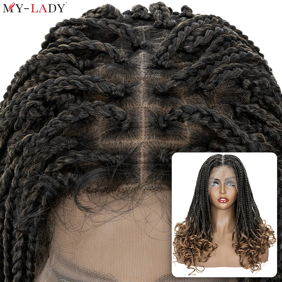 My-Lady 18inch Synthetic Front Lace Wig Box Braided Wigs Curly Ends Afro Dreadlocks Knotness Braiding Wig Black Women Daily Use