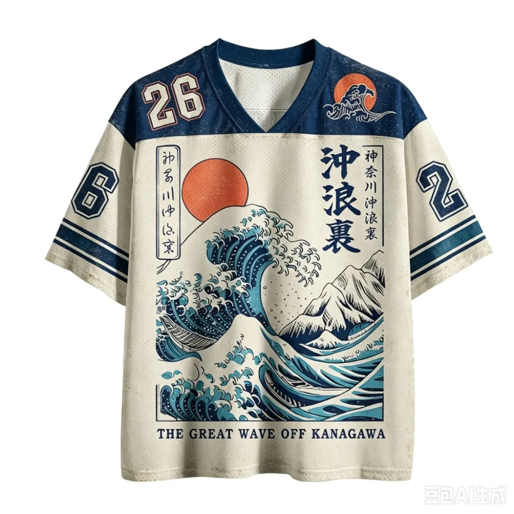 Retro Japanisches Ukiyo-e Wellen 3D-Druck Sport Schnelltrocknend Atmungsaktiv Herren V-Ausschnitt Übergrößen T-Shirt Outdoor Mode Hip-Hop Y2K Eltern-Kind – Detail 6