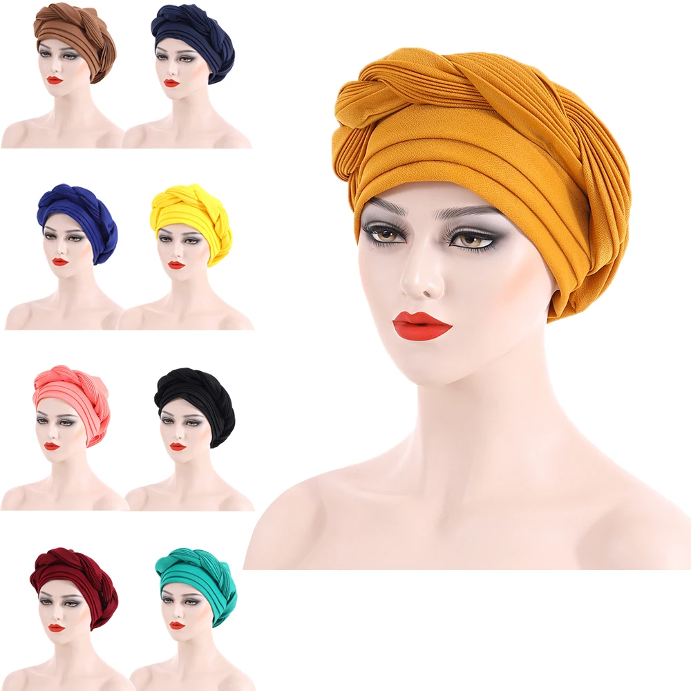 

African Nigerian Muslim Women Hijab Hat Braid Turban Cap Cancer Chemo Caps Aso Oke Auto Gele Female Bonnet Hair Loss Cover Wraps