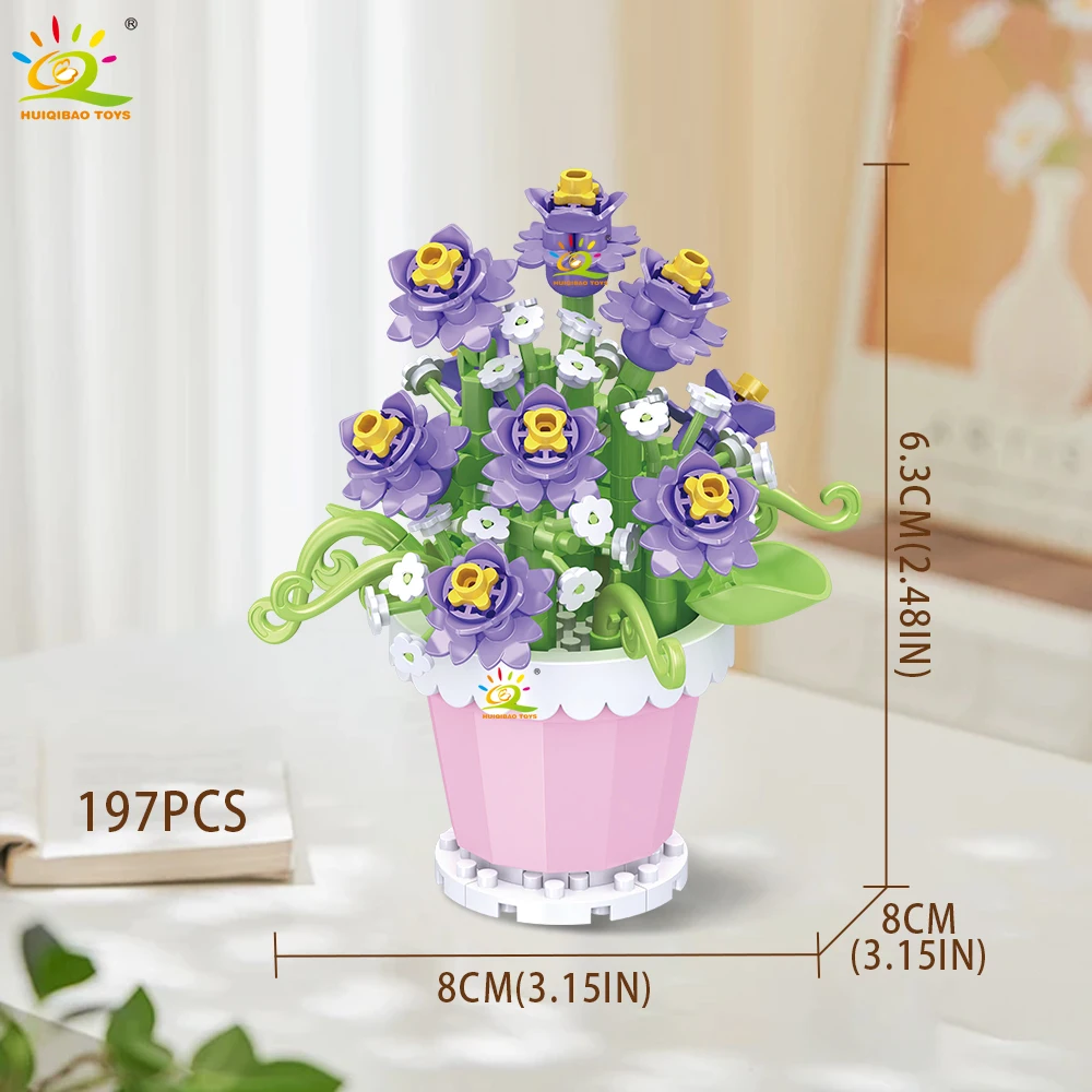 HUIQIBAO MOC Eternal Flower with Pot Micro Building Block DIY Sunflower Rose Bouquet Mini Model Brick Toy home Desk Decoration