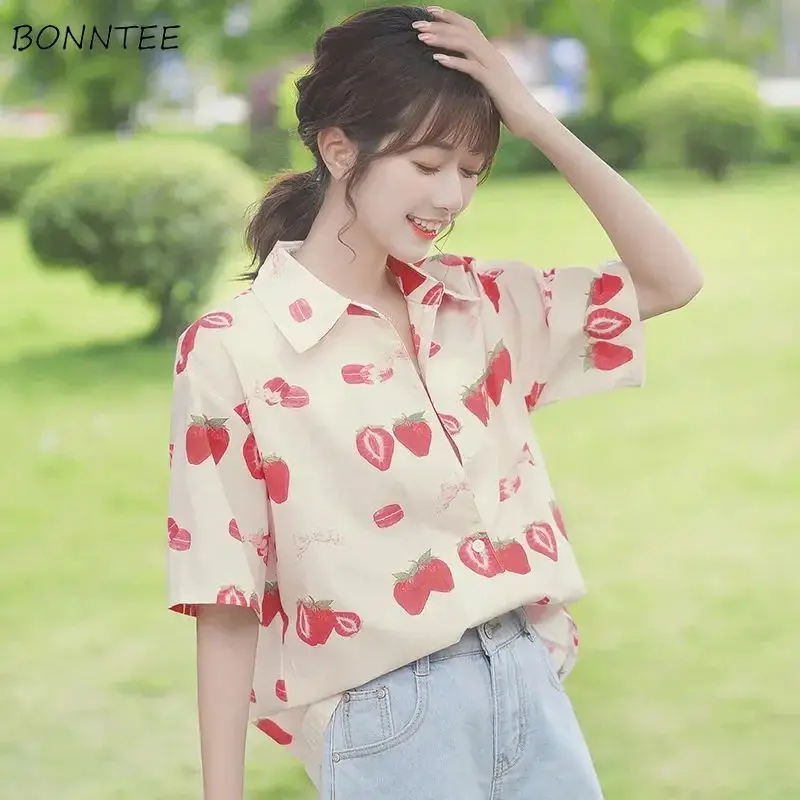 Shirts Women Loose Fit Cozy Korean Fashion Printed All-match Chic Popular Students Casual Ins Summer Short-sleeved Tops Cute