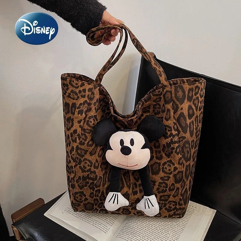 Disney Mickey New Women's Handbag Leopard Print Fashion Women's Shoulder Bag Cartoon Doll Casual Women's Bag Large Capacity