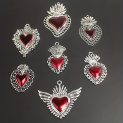 7pcs Mixed Silver Plated Enamel New Gothic Style Sacred Heart Alloy Pendant DIY Charms Earrings Necklace Jewelry Crafts Making