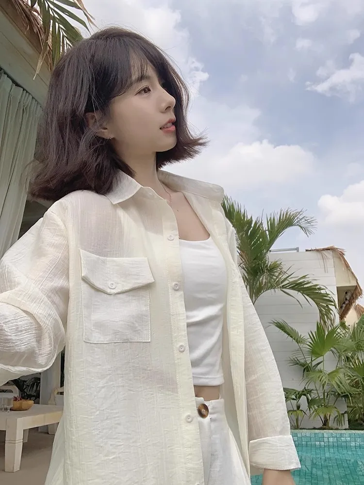 

Women Summer Sun Protection Shirts Casual Loose Korean Chic Chiffon Blouses Thin Breathable Slimming Shirt with Pocket