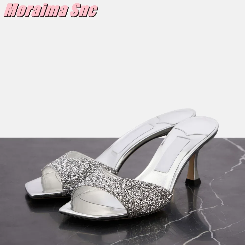 Crystal-embellished Satin Mules Square Toe Stiletto High Heel Slip On Sexy Fashion Women\'s Summer Slides Shoes Outdoor