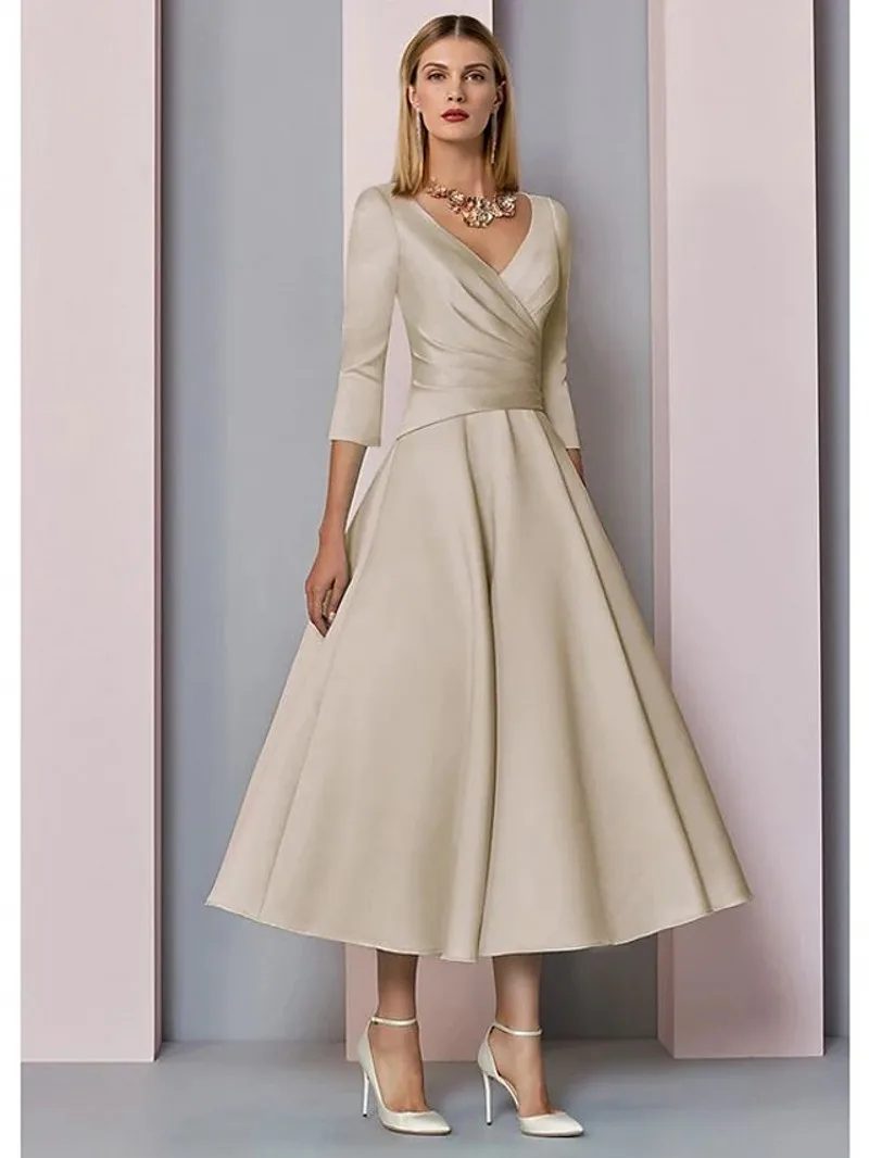 Vestido acampanado de satén para madre de la novia, elegante vestido Vintage con cuello en V, largo hasta el té, Simple, para fiesta de boda, 2023