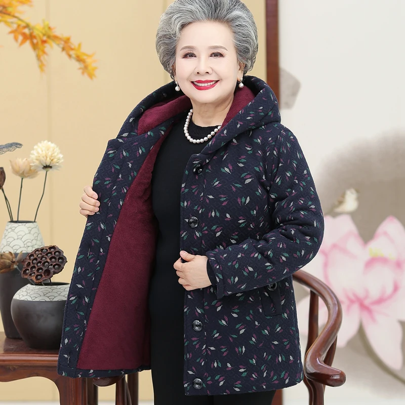 

Elderly Grandma Winter Warm Parkas Add Velvet Thicken Cotton Padded Clothes Middle-Aged Mother Hooded Coat Women Overcoat L-5XL