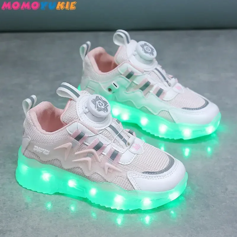 Rotating Button Luminous Sneakers Men\'s Girls Colorful Soles Usb Rechargeable Fashion Breathable Children\'s Luminous Sneakers