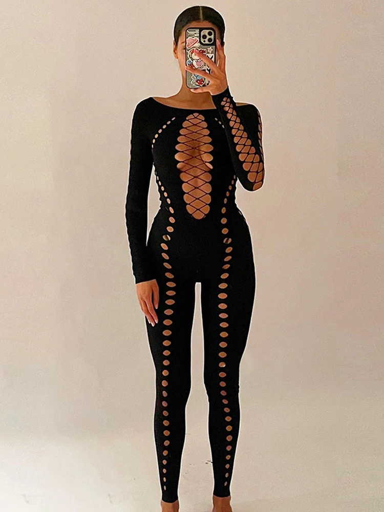 

YUZHEXI Sexy Holes Rip Jumpsuit Mesh See Through Long Sleeve Skinny Overalls for Women Nightclub Strappy Outfit