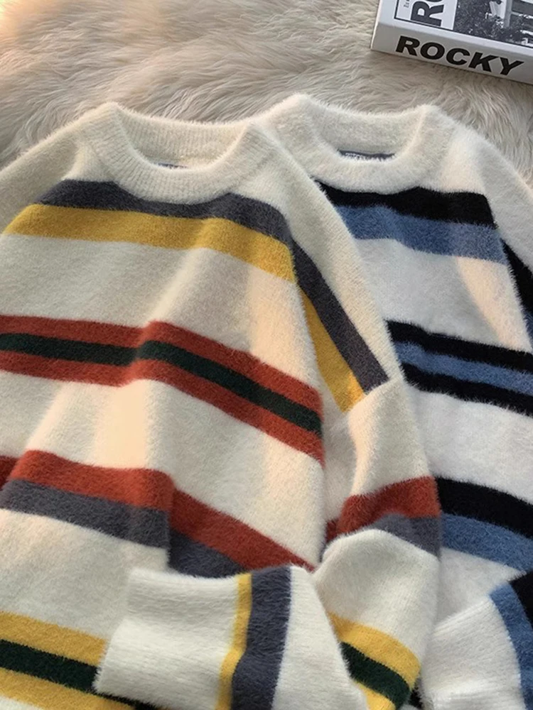 

Мужской повседневный свободный вязаный свитер с круглым вырезом, в полоску, с цветовыми блоками, весна-осень, уличный стиль, удобный, для пар, топ