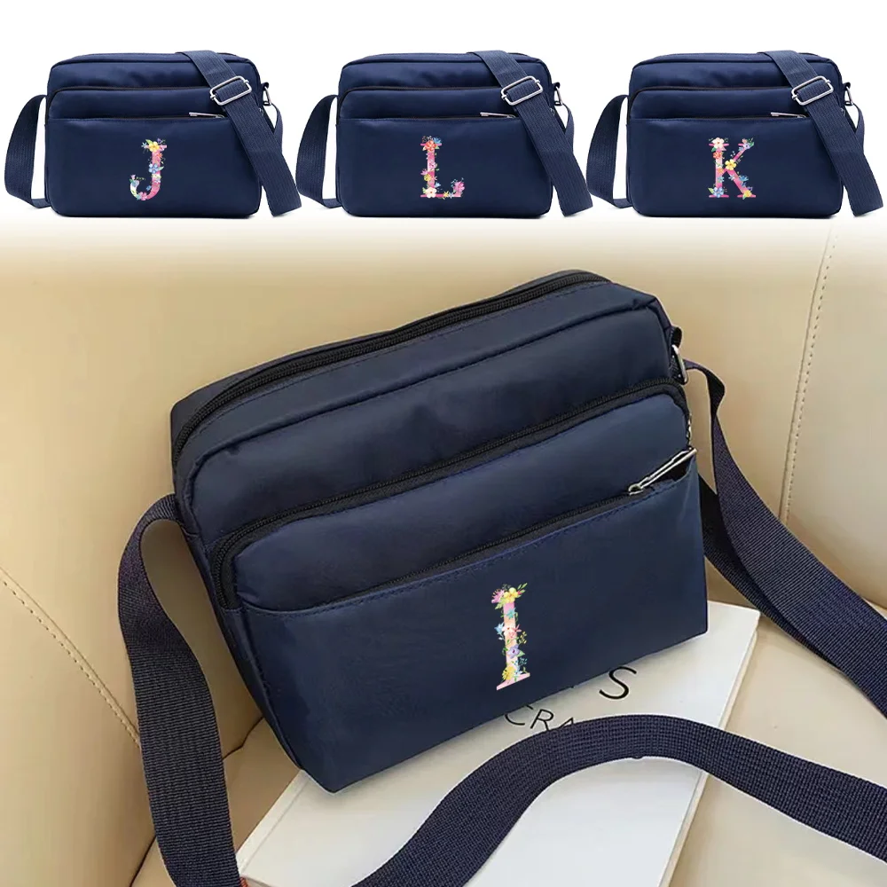 Large Capacity Travel and Commuting Storage Blue Bag Multi-layer Pink Letter Series Printing Pattern One Shoulder Crossbody Bag