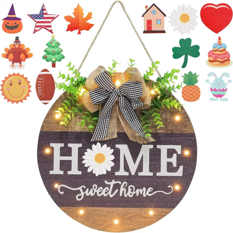 

14 Icon Interchangeable Sign with 12 LED Lights Farmhouse Rustic Wooden Porch Decor Holiday Door Hanger for Christmas Halloween