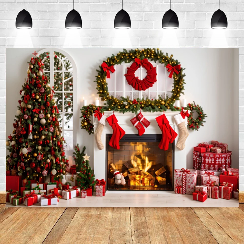 Christmas Fireplace Theme Backdrop Xmas Pine Tree Gifts Background for Photography Family Holiday Party Decor Banner Studio Prop