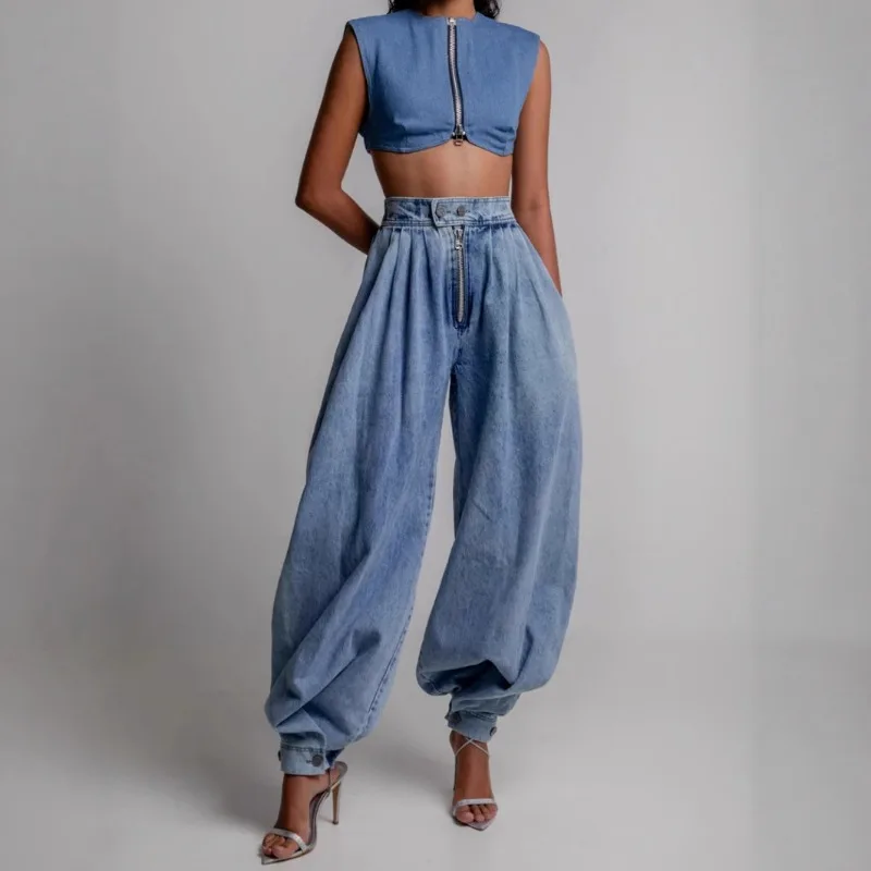 Women Spring Summer High-waisted Zip Cuffed Jeans Harem Pants Loose Casual Vintage Denim Pants Trousers Cargo Blue Jeans