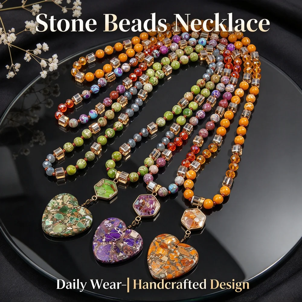 Handmade Composite Stone Beaded Necklace For Women Heart Pendant Bohemian Style Daily Wear Statement Neck Jewelry