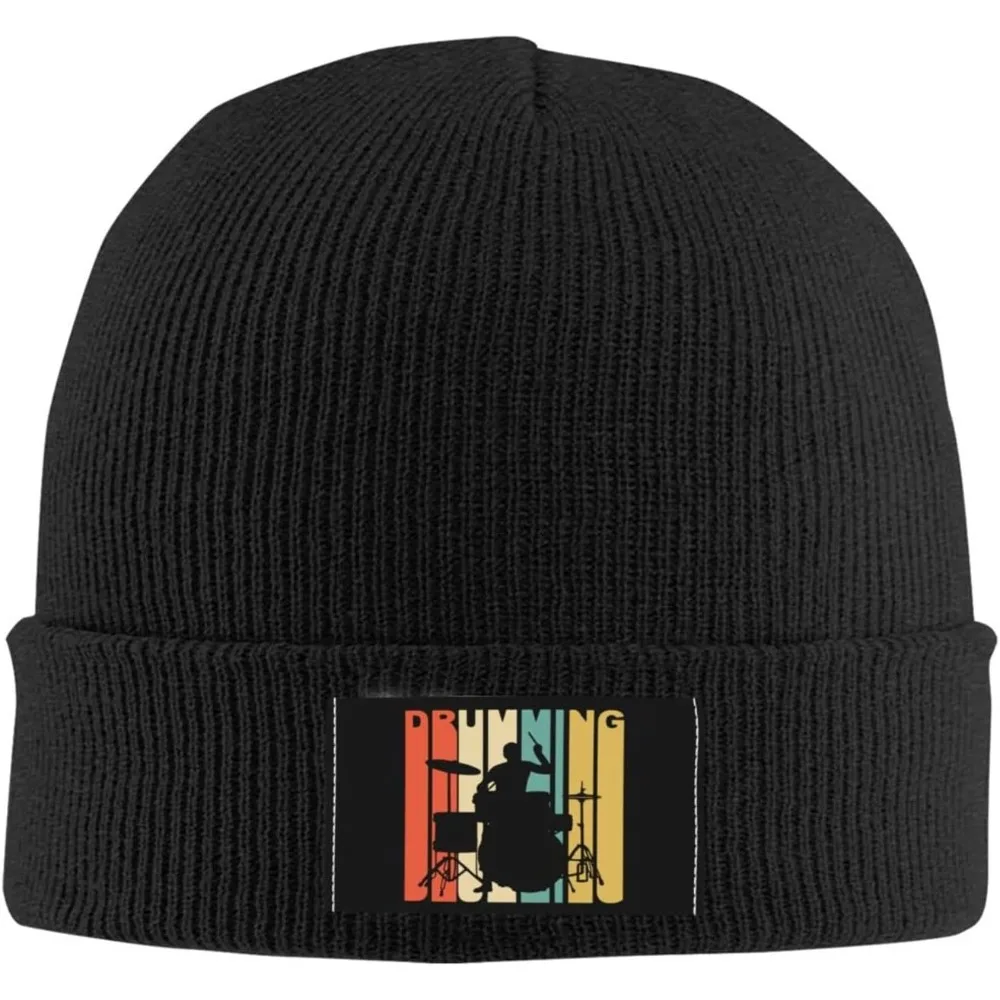 Vintage Style Drumming Drummer Daily Beanie Hat Unisex Warm Cuff Ski Skull Caps Winter Knit Hat Cap for Men Women