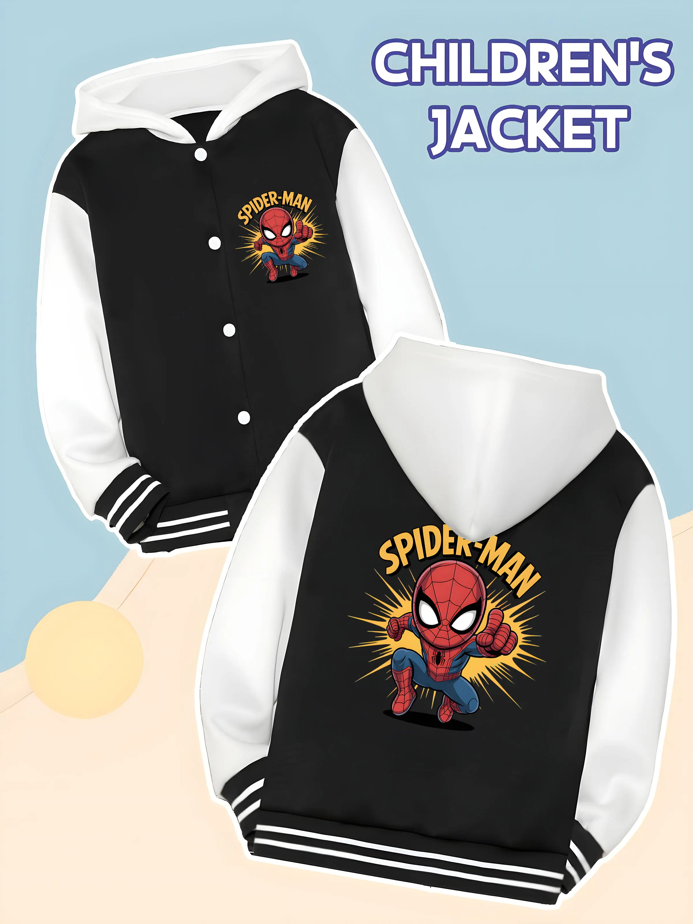 

MINISO Marvel Spider-Man cute boys' baseball jacket - Spider-Man Q version dynamic print, double-sided cute hero style, comforta