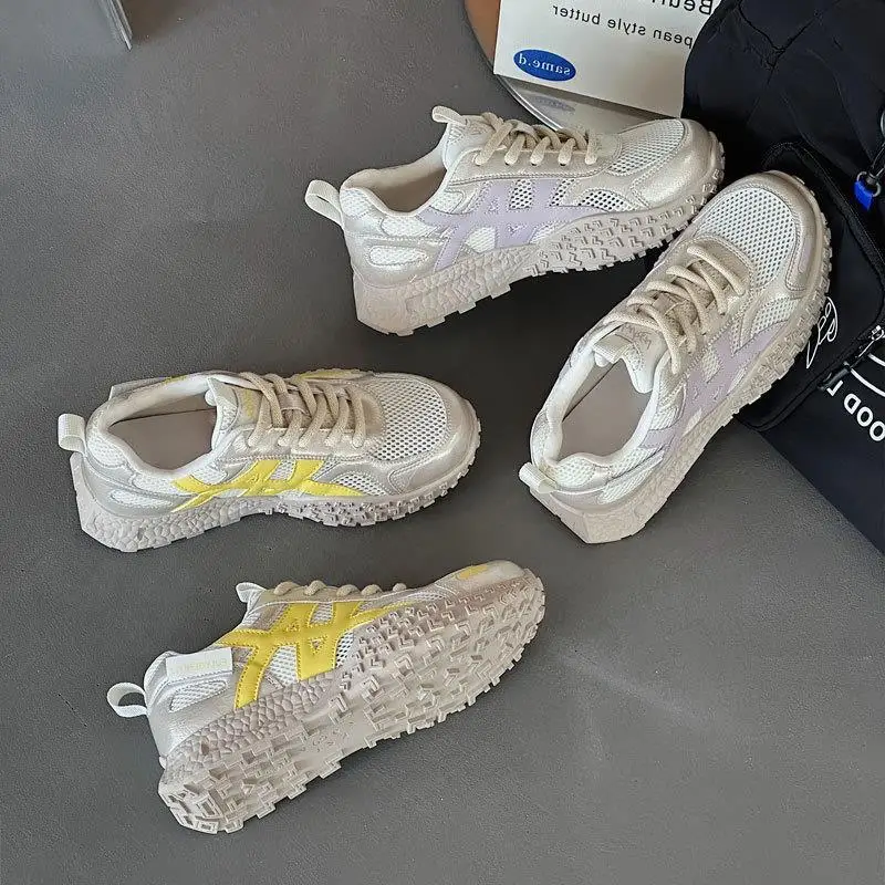 

Breathable Genuine Leather Dad Shoes Versatile Running Shoes Summer Mesh Upper Casual Style Flat Heel Color Block Design