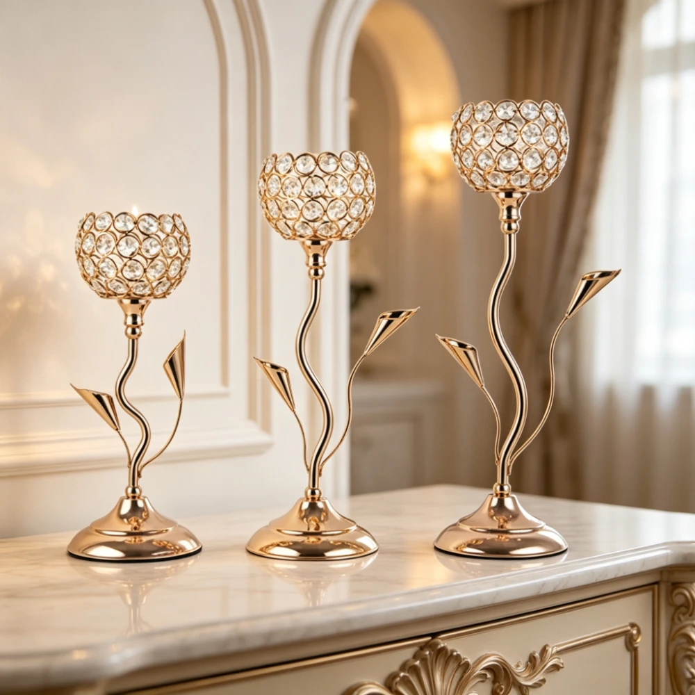 Modern Crystal Candle Holders Iron Flower Shaped Candlestick Holders for Table Centerpiece Wedding Birthday Decoration