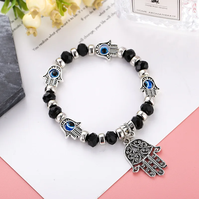 Fashion Turkish Fatima Hamsa Hand Evil Eye Pendant Bracelets Beaded Elastic Bangles Handmade Charm Jewelry For Woman Man