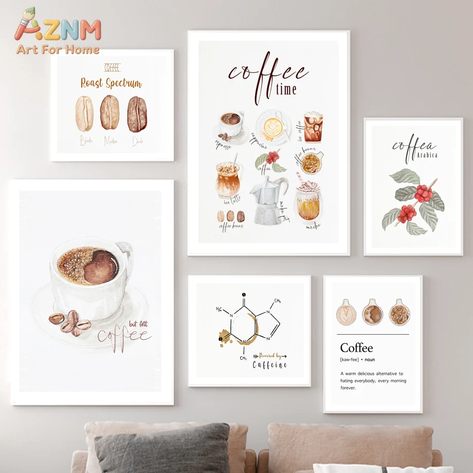 AZNM Watercolor Coffee Themed Canvas Wall Art, Coffee Roast Spectrum Caffeine Molecule Print, Unframed Kitchen Cafe Decor Poster