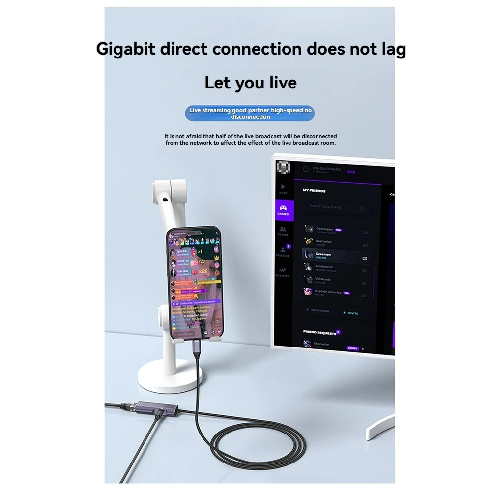 ABXHA PD32 Typec إلى جيجابت بطاقة الشبكة محول كابل شبكة الهاتف المحمول مع شحن لابل هواوي البث المباشر