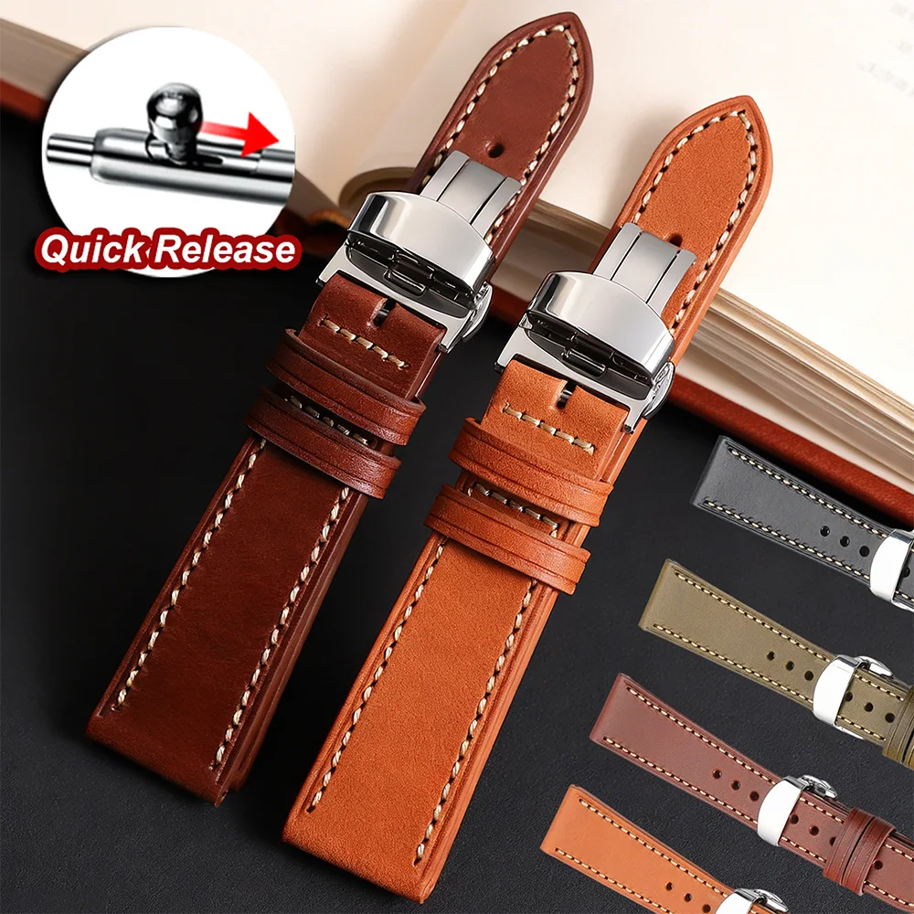 

Vintage Leather Watch Band Butterfly Buckle Stitching Cowhide Watch Strap for Omega 20mm 22mm Top-Grain Wrist Bracelet for Seiko