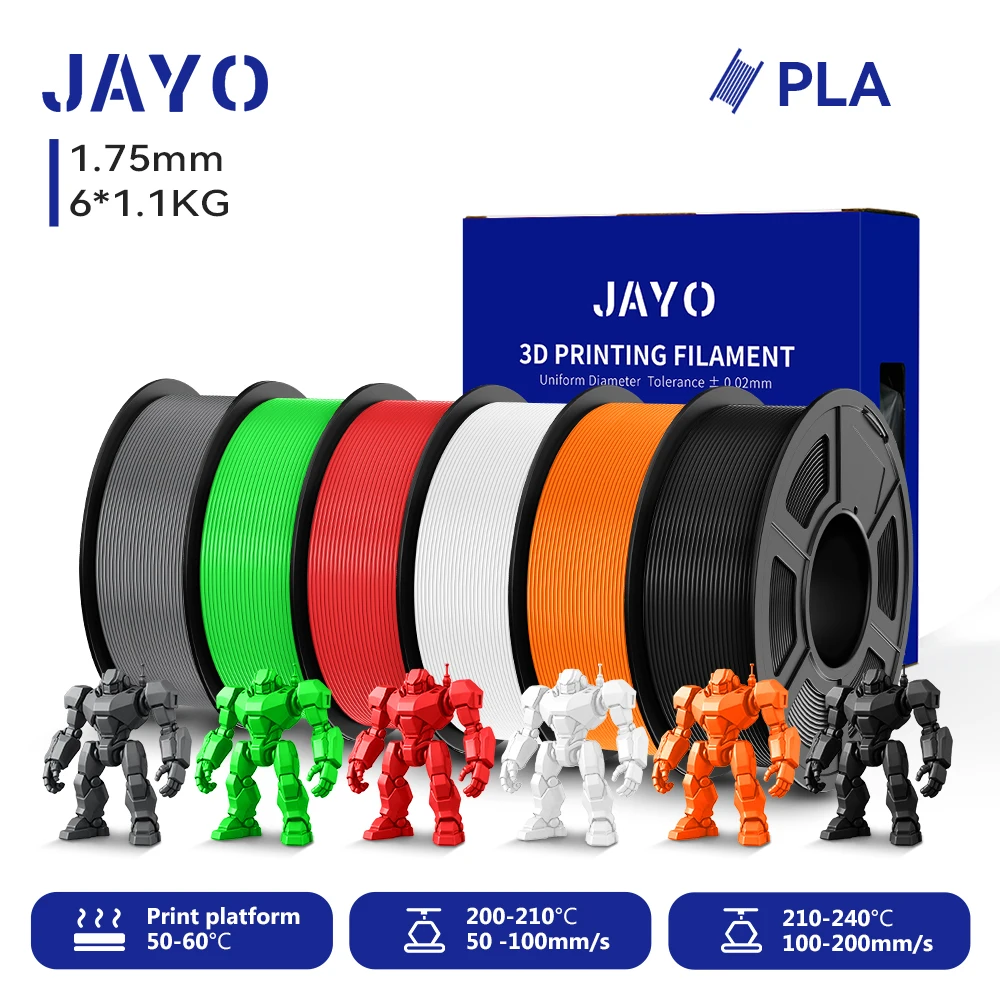 JAYO 6 Rollen 3D PLA Druckerfilament 1,75mm Ungiftig & Blasenfrei PLA-Kunststoff als 3D-Druckfilament für 99% der 3D FDM Drucker & Stifte