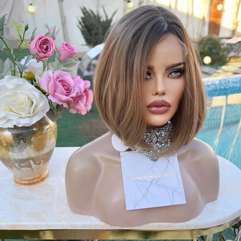 Short Synthetic Bob Wig For Women Dark Rooted Brown Colored Side Part Style Front Lace Wig Natural  Looking & Easy to Wear