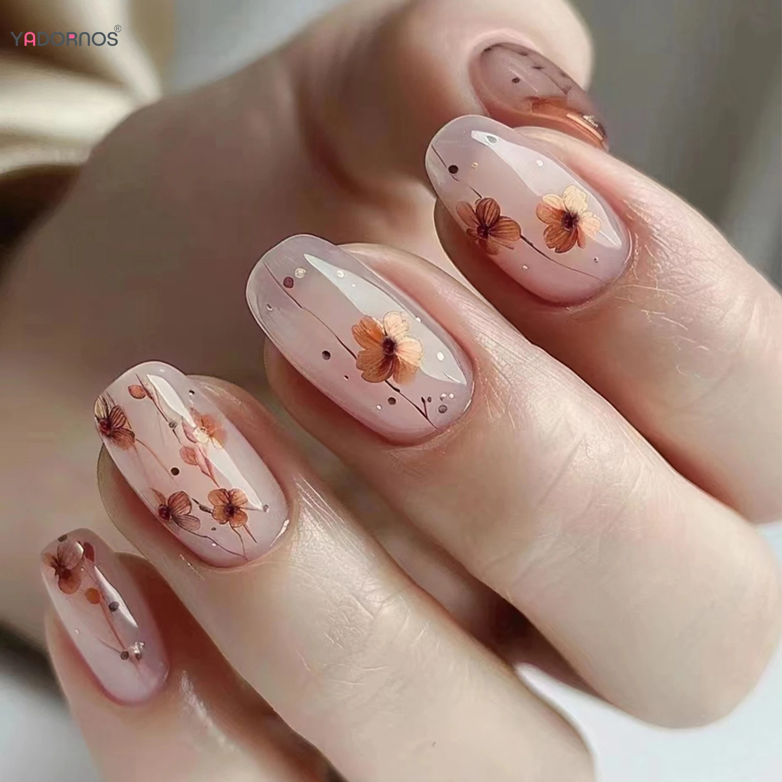 Simple Nude Color Press on Nails Women Girls DIY Manicure Charms Flower Designs Full Cover Fake Nails Tips Wearable False Nails