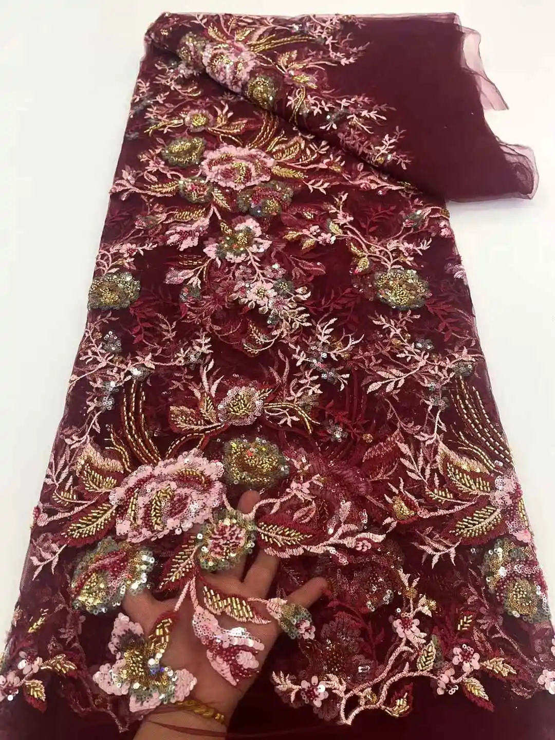 

Latest African Sequins Lace Fabric 2025 High Quality Lace Embroidery Beaded Mesh Fabric 5 Yards For Women Wedding Party Dress