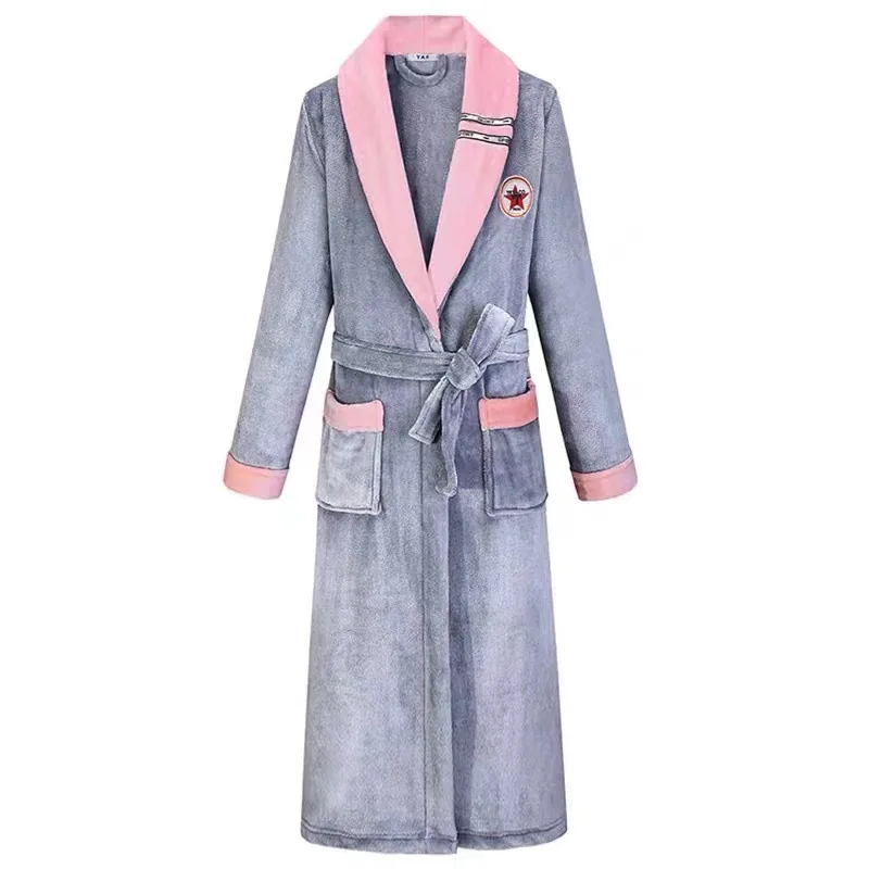 Winter Men Women Extra Long Warm Flannel Bathrobe Plus Size Thermal Velvet Bath Robe Coral Fleece Dressing Gown Sleepwear