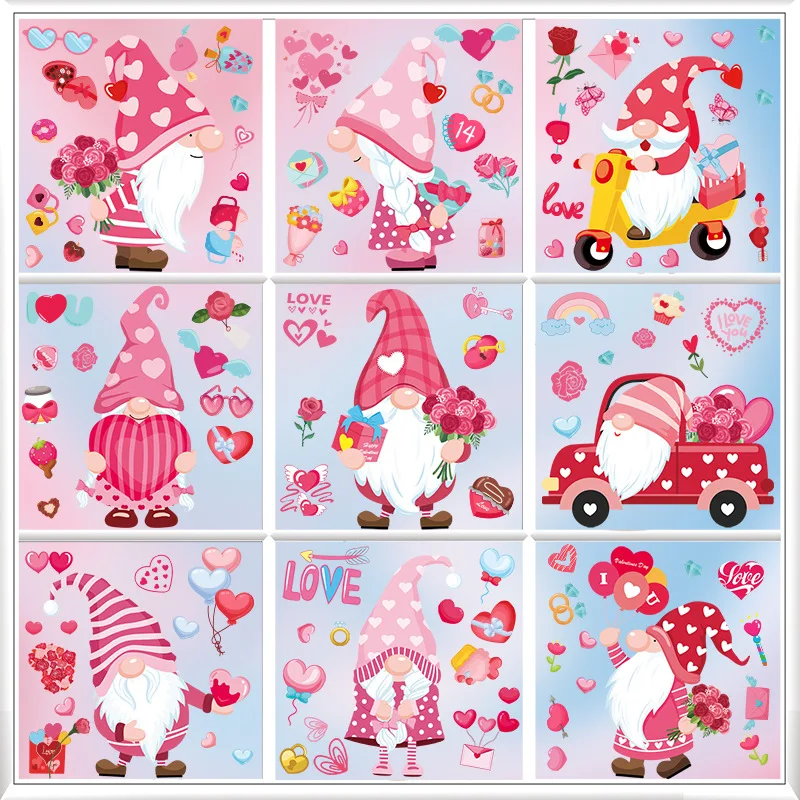 9 Sheets Valentines Day Window Stickers Cartoon Gnome I Love U Heart Shape Glass Stickers Decals Wedding Party Home Decoration