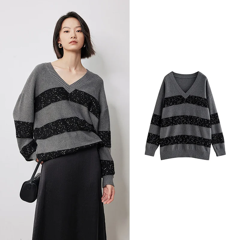 

Женский свитер, осень 2023, новый пуловер в полоску с бисером и v-образным вырезом, модный универсальный вязаный свитер