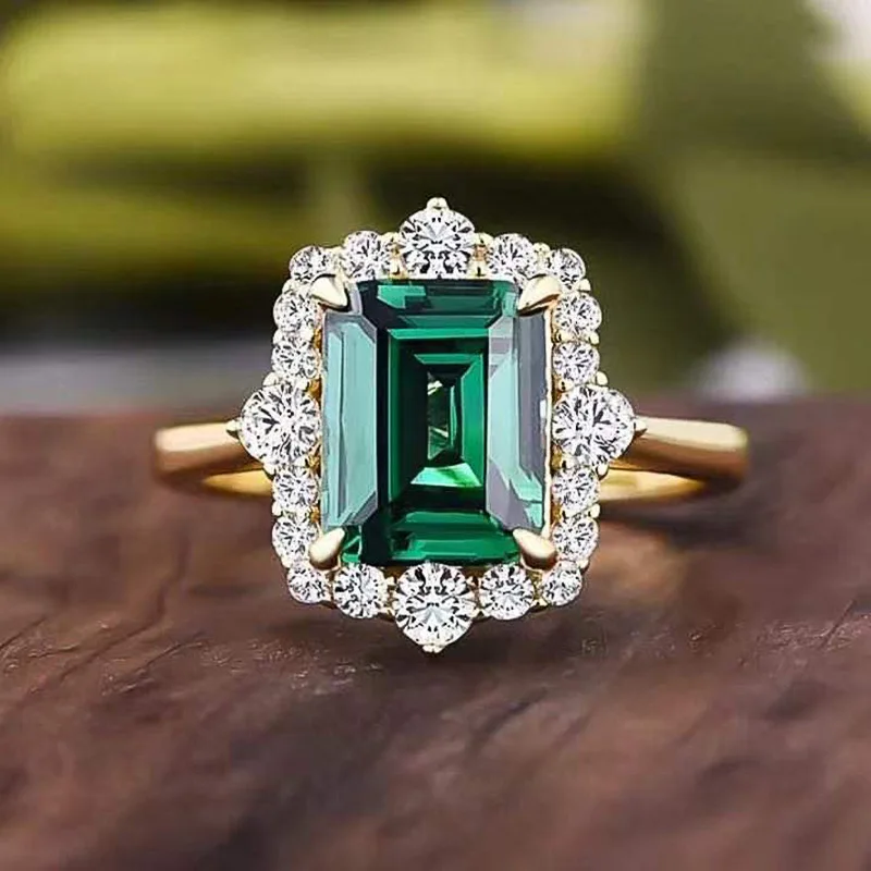Apaison Rectangle Lab Emerald Rings for Women Trendy Engagement Wedding Party Accessory Gold Plated Jewelry Gift