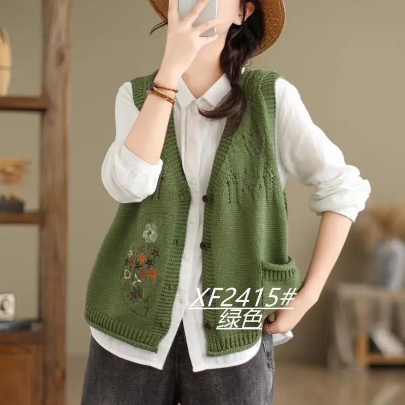 Spring New Artistic Embroidery Knitted Shirt Top Women\'s Short Cotton Thread Vest Loose V-neck Jacket Coat