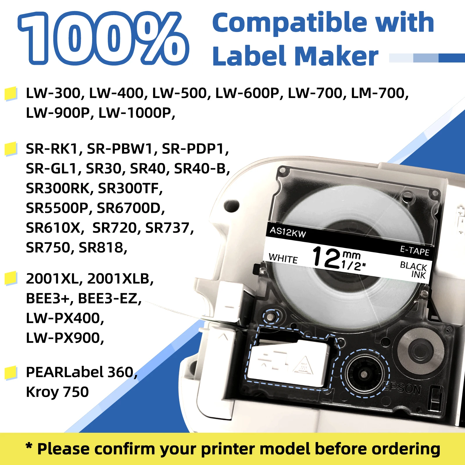 Cruxer 12mm Tape Compatible for Epson/KingJim SS12KW LK-4WBN AS12KW Label for Printer LW-300 LW-400 LW-500 SR500 SR550 SR300
