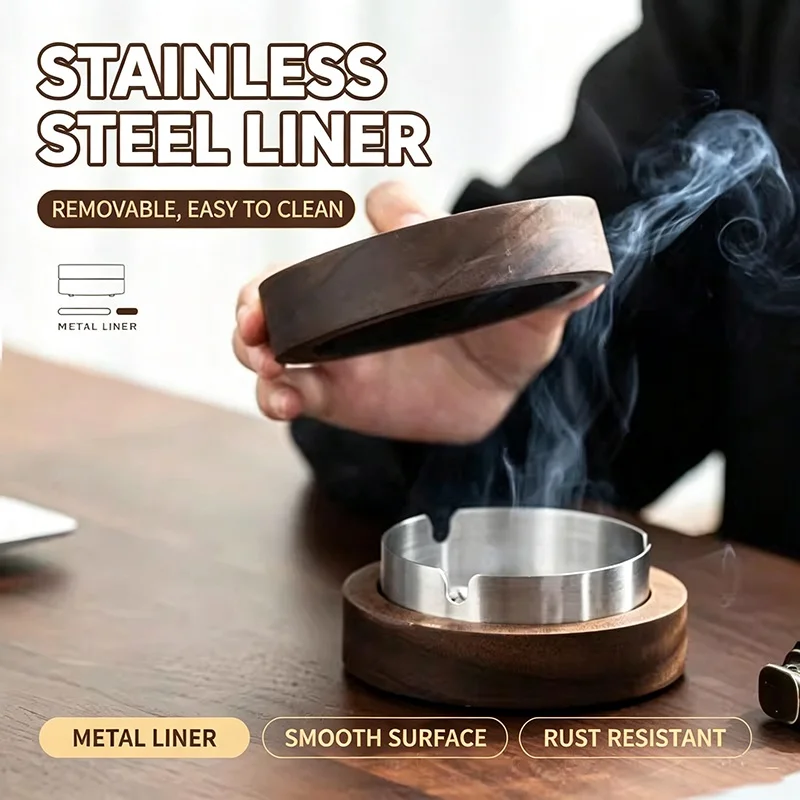 Creative Ashtrays With Lid, Windproof Smoking Tray Walnut Desktop Ashtray Stainless Steel Liner Indoor Outdoor Ash Tray YHG001