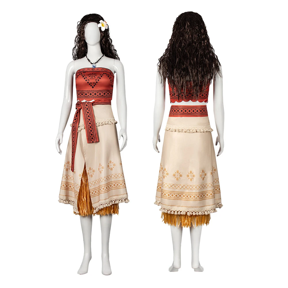 Disfraz de Cosplay de la Película Moana para Mujer, Vestido de Princesa Polinesia, Conjunto Completo con Collar de Flores, Disfraz de Fantasía para Halloween