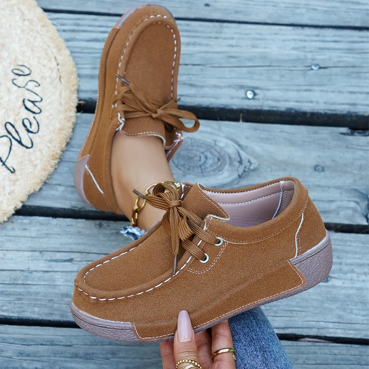New Women's Platform Moccasins Soft Sole Comfortable Lace Up Casual Loafers Walking Shoes for Women