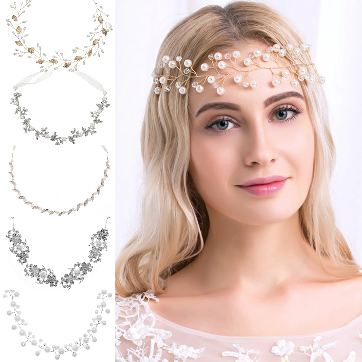 

Wedding Hair Accessorie Pearl Rhinestone Headband Floral Leaf Bridal Headpiece Hair Vine Women Tiara Hair Jewelry Gift