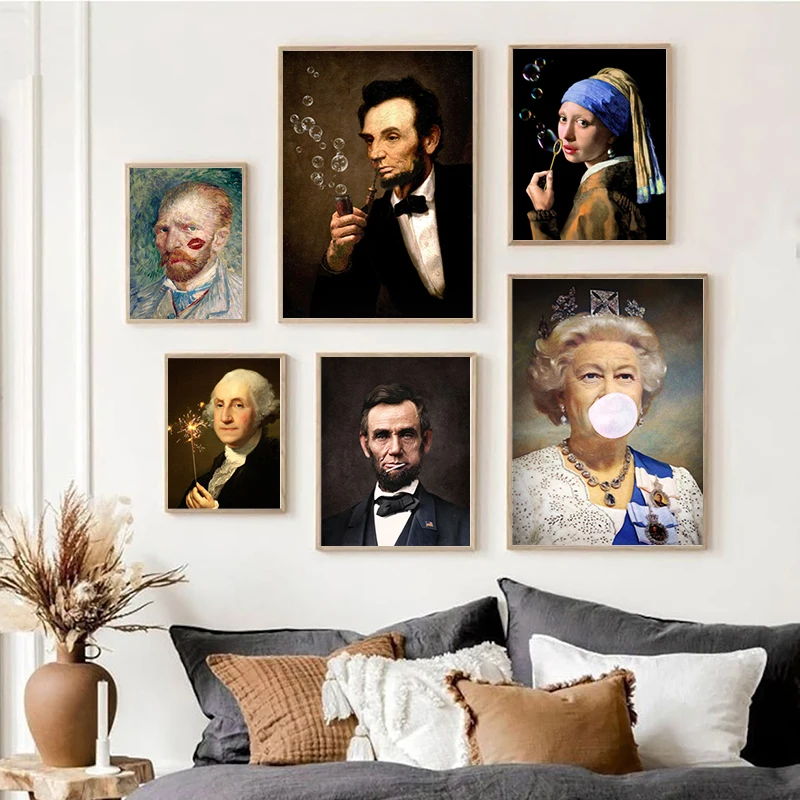 Funny Queen Elizabeth Bubble Gum Altered Art Poster President Lincoln Whimsical Portrait Canvas Print Eclectic Wall Art Decor