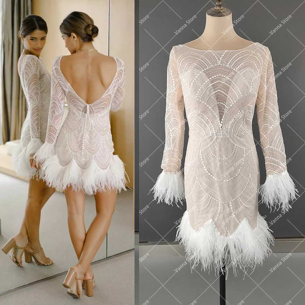 Lange Mouwen Boho Mini Feather Wedding Party Dress Custom Made Eenvoudige Illusie Boothals Open Back Boven Knie Lace Bridal jassen