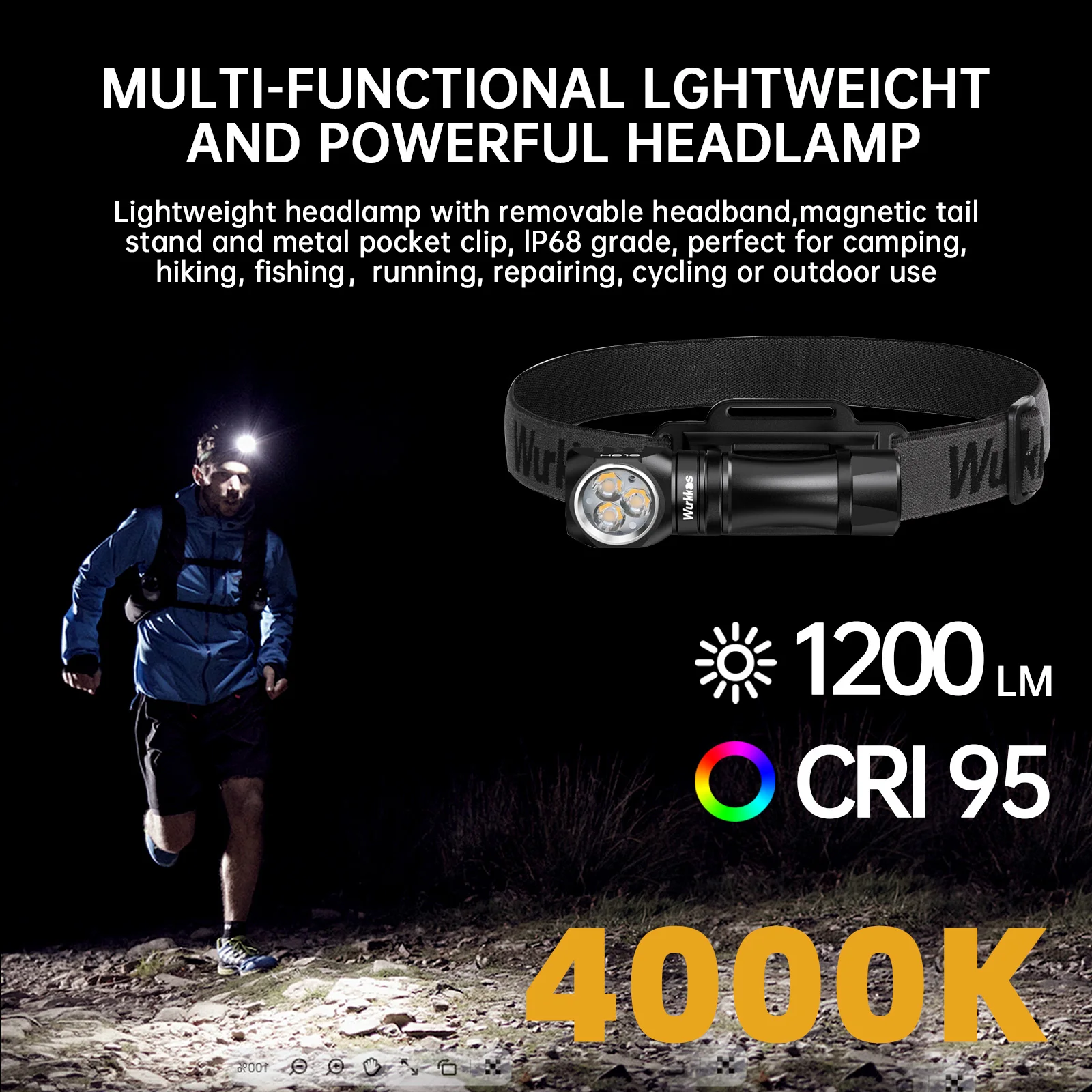 Wurkkos HD10 ไฟหน้าแบบชาร์จไฟได้ 14500 EDC ไฟหน้า 1200Lm 3*90 CRI LEDs + 3 * RGB Aux LEDs Anduril 2.0 ตกปลาเดินป่าไฟฉาย