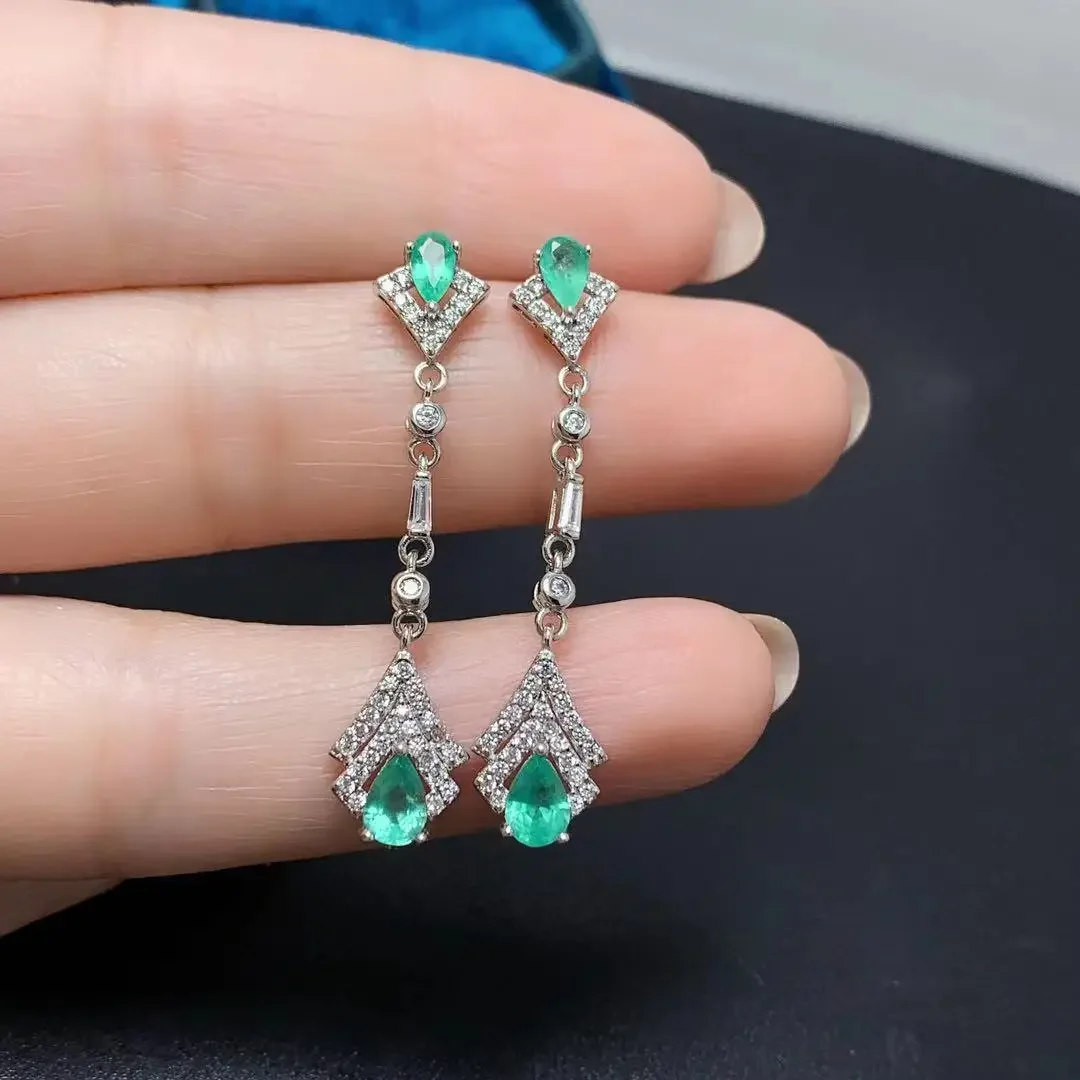 

Fashion Silver Long Drop Earrings for Party 4 Pieces Natural Emerald Earrings Solid 925 Silver Emerald Dangle